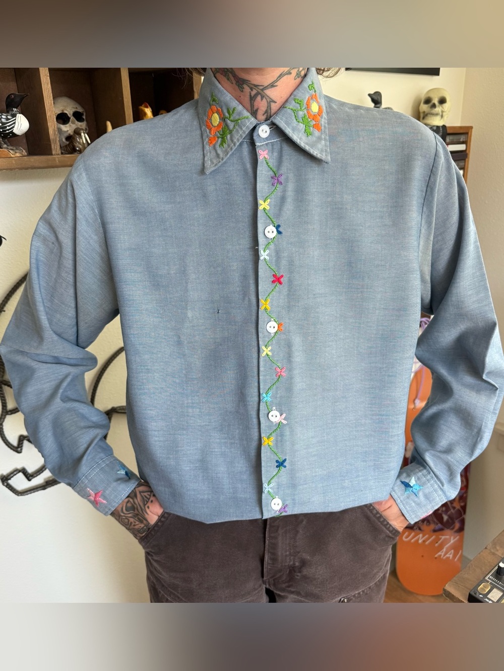 Vintage 70s Big Mac Embroidered Floral Holly Hobbie Chambray ~ Size Medium